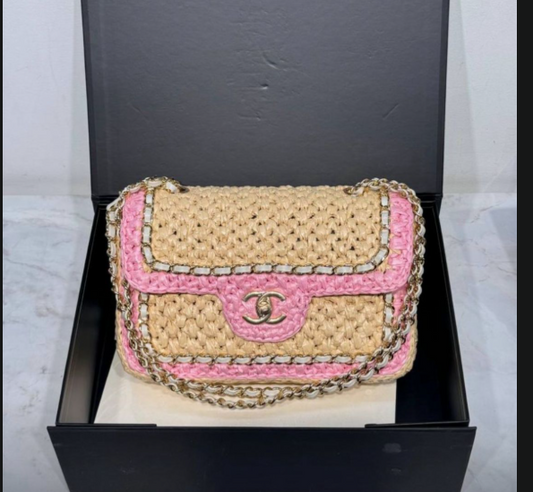 CC Chain Venice Beach Flap Bag 23cm Beige Pink Raffia