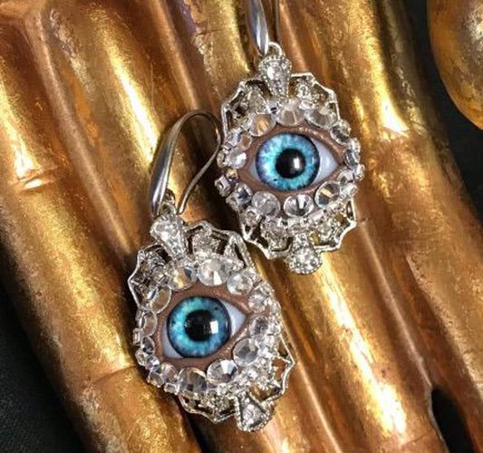 Crystal Vintage Style Eyeball Art Earrings with a Handmade Bright Blue Glass Iris and Hand Placed Rhinestones!