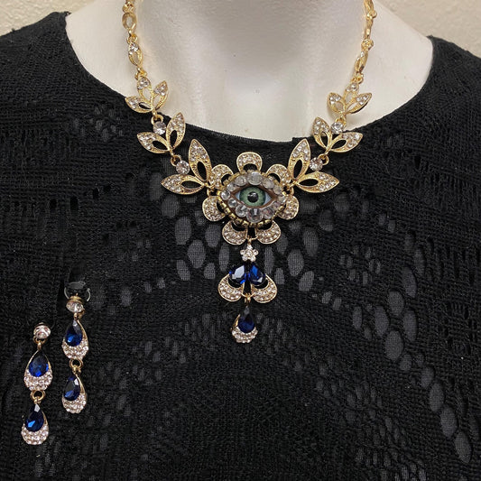 Gold Tone Eyeball Necklace and Earrings Set with Blue Crystals – Statement Jewelry