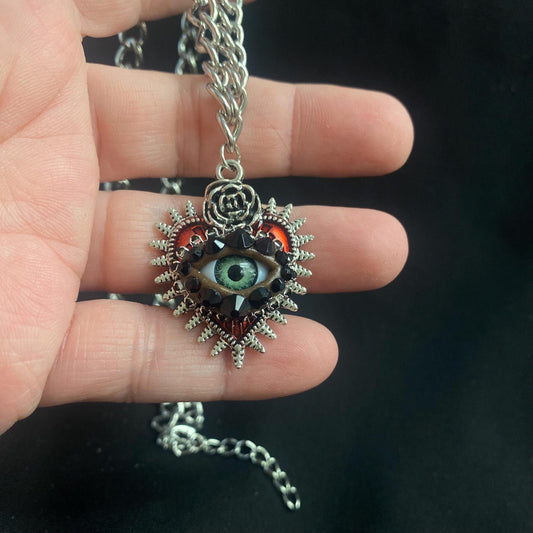 Spikey Heart with Rose Silver Tone Eye Art Gothic Pendant Necklace! Hand Placed Rhinestones!