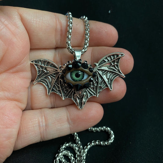 Gothic Silver Tone Bat Eye Eyeball Art Necklace! Hand Placed Rhinestones!