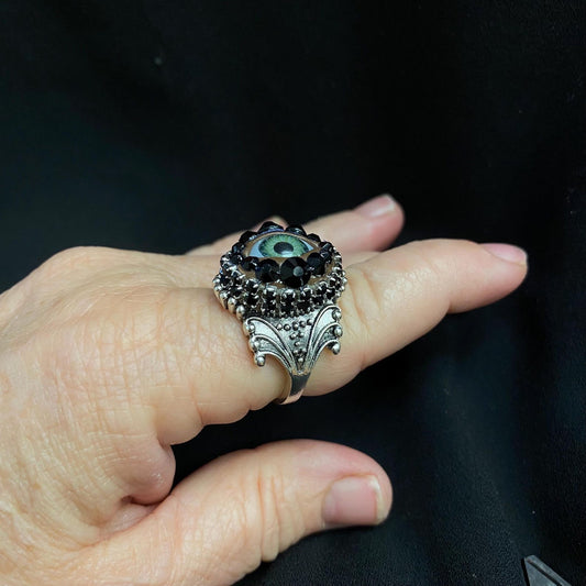 Large Silver Tone Eyeball Ring with Green Eye and Rhinestones (Size 9)