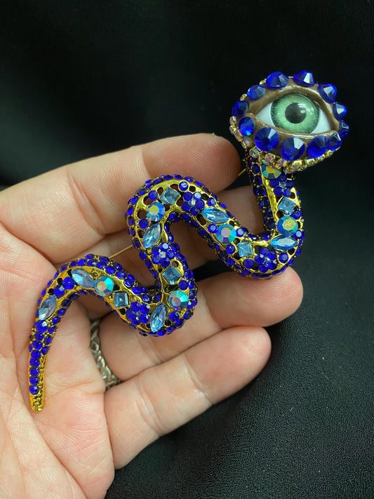 Cobalt Snake Eye Brooch – Gothic Statement Pin – Surreal Serpent Jewelry – 4 Inch Wearable Art