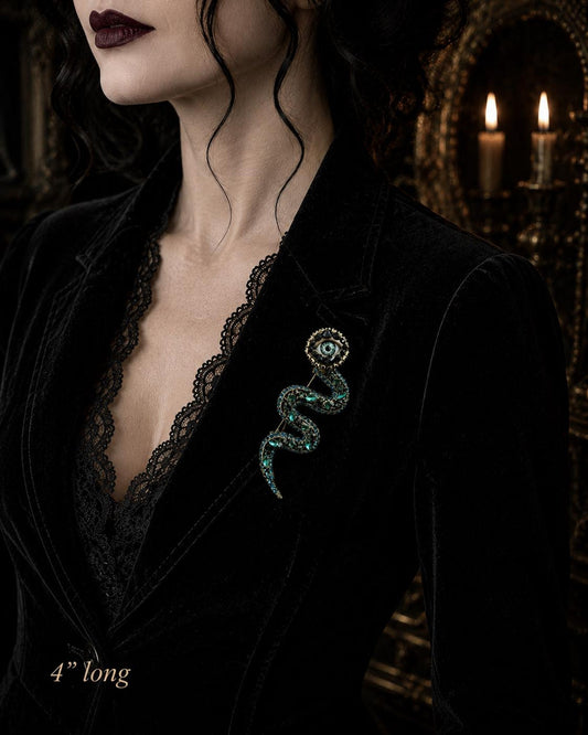 Emerald Snake Eye Brooch – Gothic Statement Pin – Surreal Serpent Jewelry – 4 Inch Wearable Art