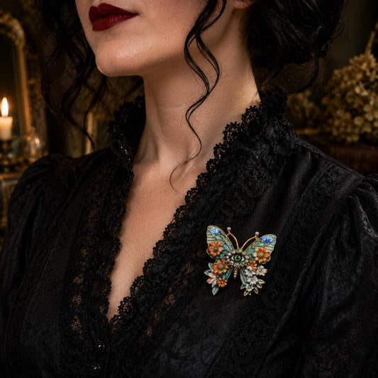 Blue Butterfly Brooch with Green Eye, Enamel Flowers & Iridescent Rhinestones