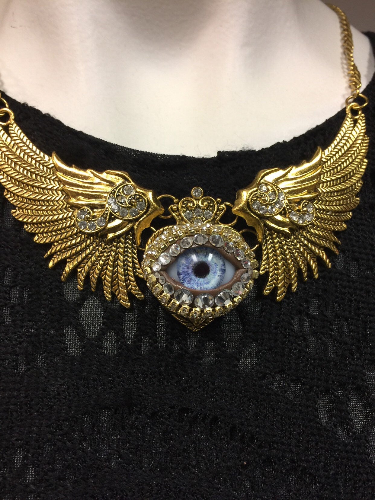 Winged Heart Eyeball Art Necklace, Antiqued Gold Tone, Handmade Glass Iris
