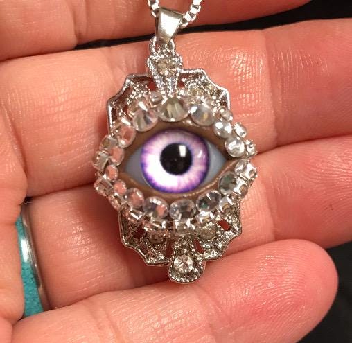 Crystal Eyeball Pendant Necklace, Handmade Violet Glass Iris