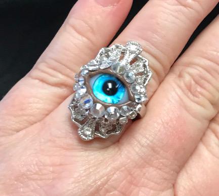 Vintage Style Eyeball Ring, Silver Tone, Aqua Iris, Rhinestones (Size 6)