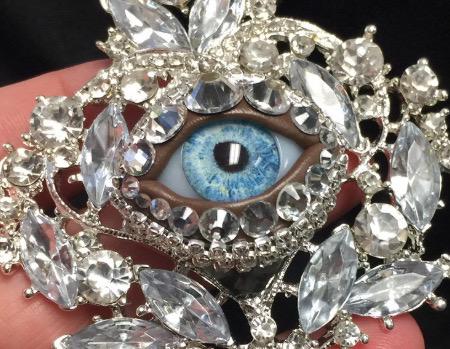 Vintage Ornate Crystal Eyeball Brooch, Handmade Blue Glass Iris