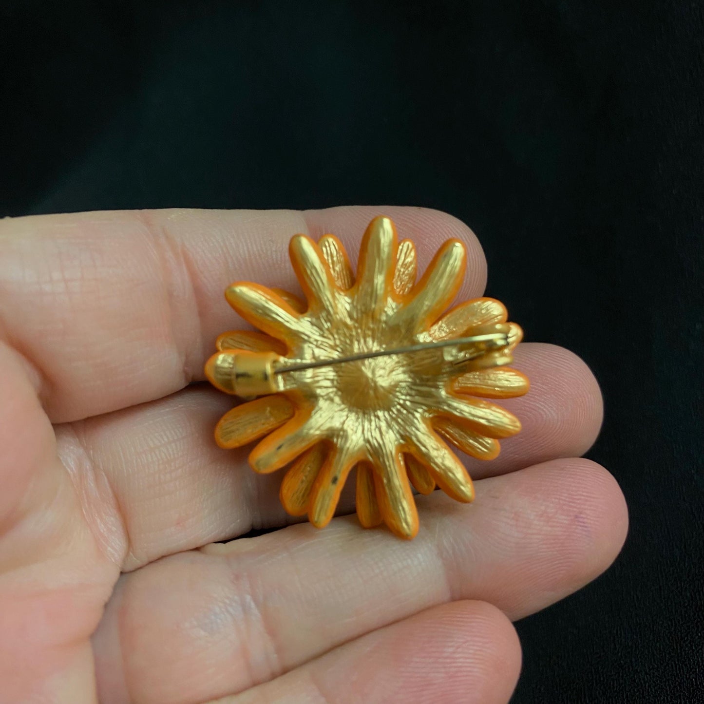 Spring Statement Orange Flower Eye Art Jewelry Brooch Pin! Painted Metal!