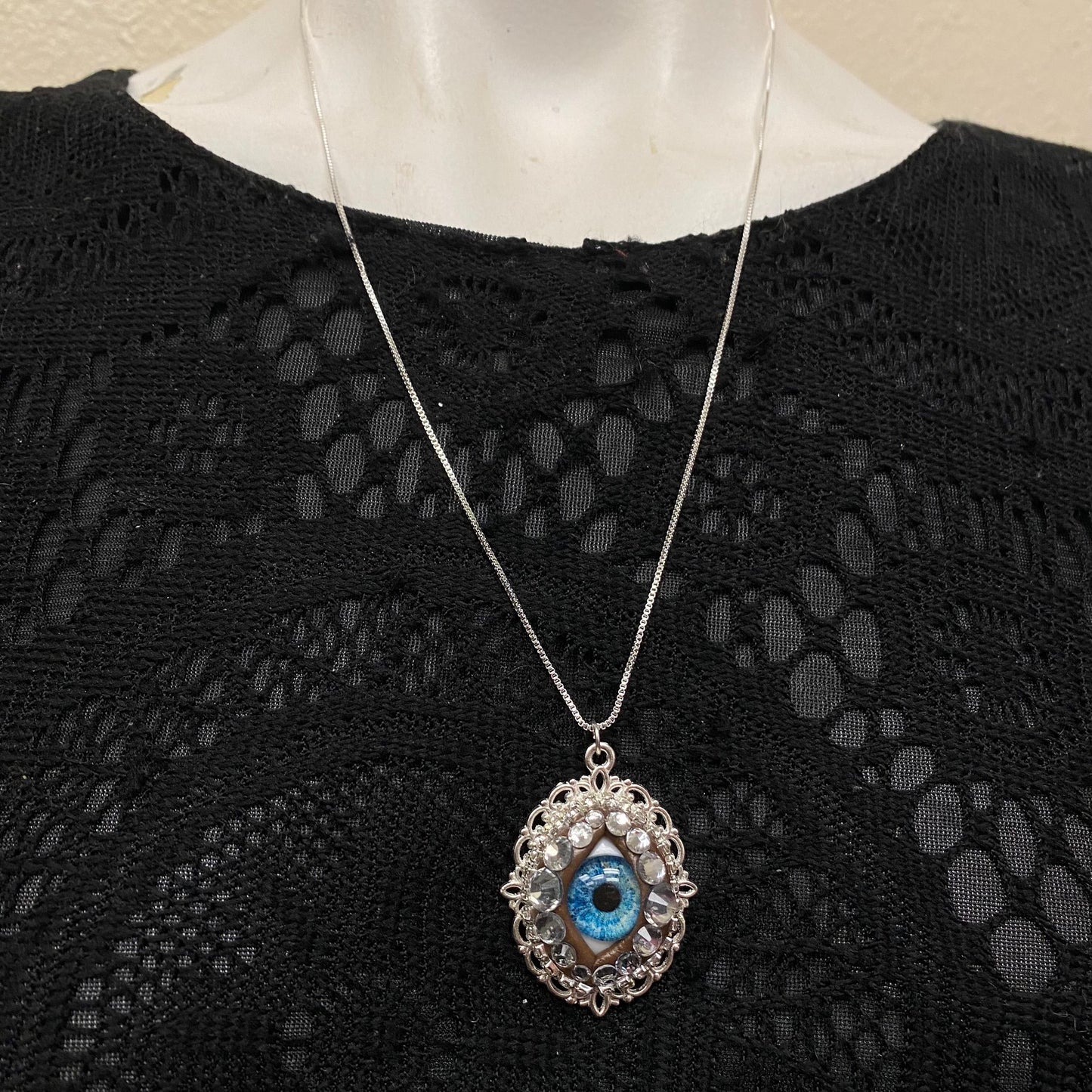 Handmade Blue Glass Iris Pendant Necklace with Rhinestones on Sterling Chain (1.5”, 22”)
