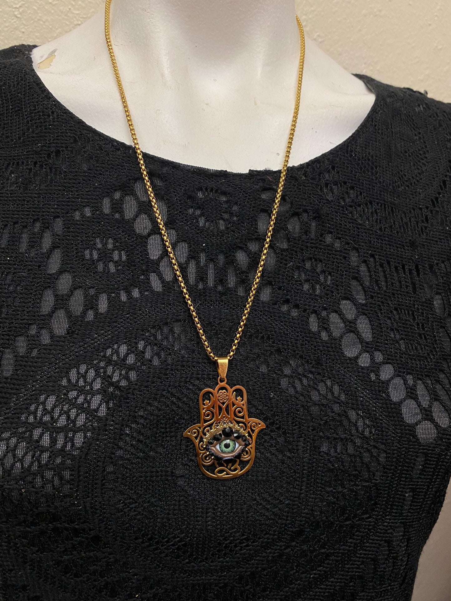Large Golden Hamsa Hand Eyeball Art Pendant Necklace! Evil Eye Jewelry!