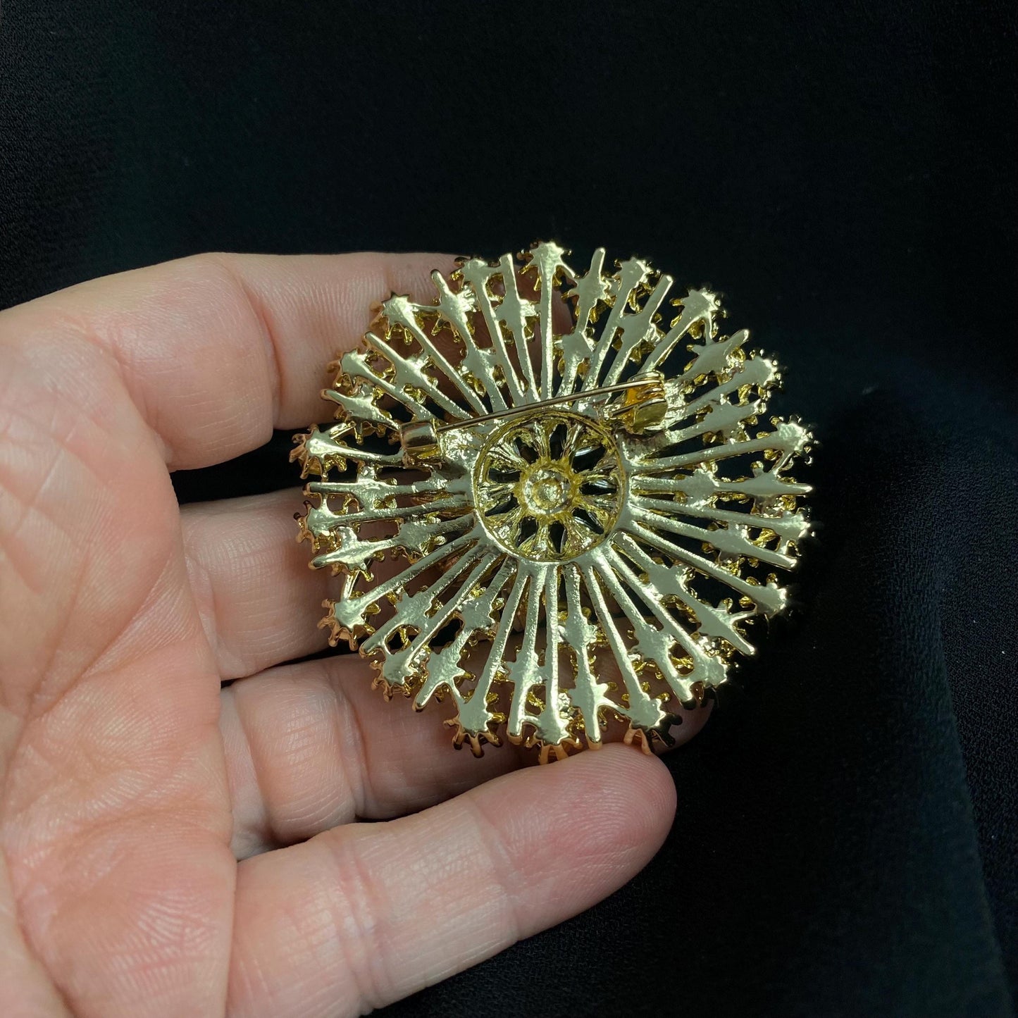Rhinestone Shooting Stars Gold Tone Eyeball Art Brooch with a Natural Handmade Glass Iris!