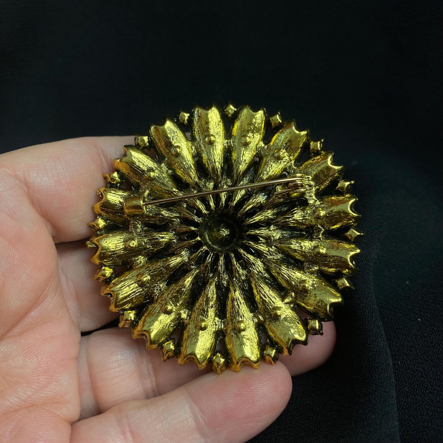 Ornate Vintage Style Eye Brooch: Golden Champagne Amber Rhinestones, Handmade Glass Iris
