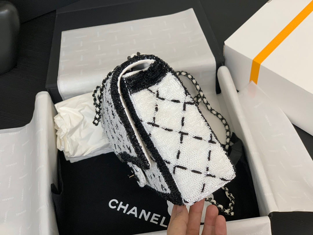 CC 2025 Flap Bag Black White Sequin 298964