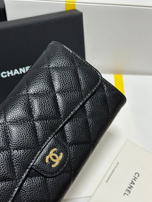 CC Classic Long Flap Wallet Black Quilted Caviar Gold Buckle 243676