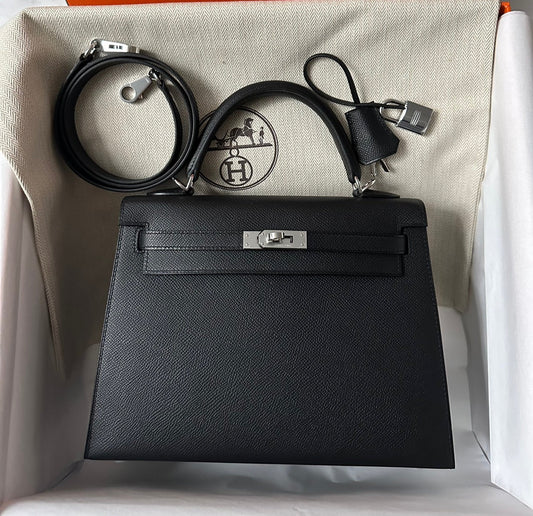 HM KELLY 25CM BLACK EPSOM SILVER HARDWARE