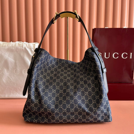 GG 25FW Beatrix Horsebit Handbag 40cm Blue Denim Canvas GHW