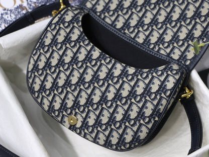 MEDIUM CD BOBBY 22CM BLUE OBLIQUE EMBROIDEDERED CANVAS GOLD HARDWARE