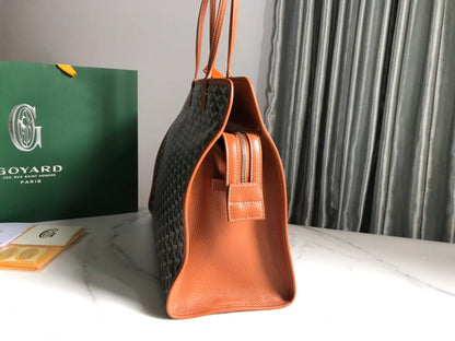 HARDY PM BAG 40 IN BLACK GOYARDINE CANVAS AND TAN TAURILLON LEATHER TRIM