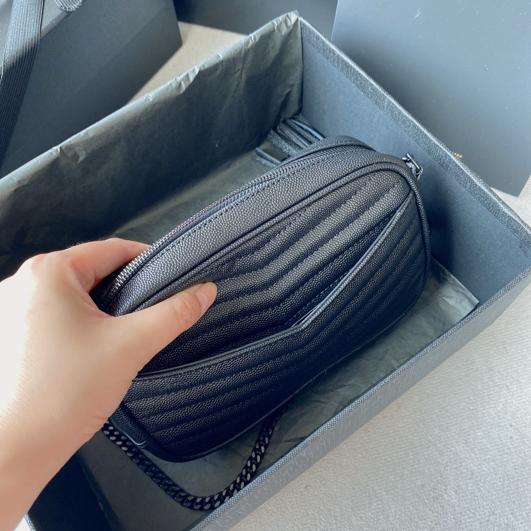 LOU MINI CAMERA BAG 19 IN BLACK CAVIAR PATTERN CALFSKIN BLACK HARDWARE