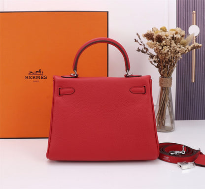 HM KELLY BAG 28 RED TOGO SILVER HARDWARE