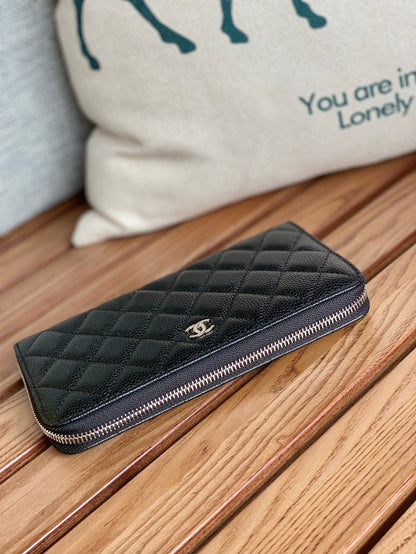 CC Zippy Long Wallet 19.5cm Black Caviar Sliver Steel 223947