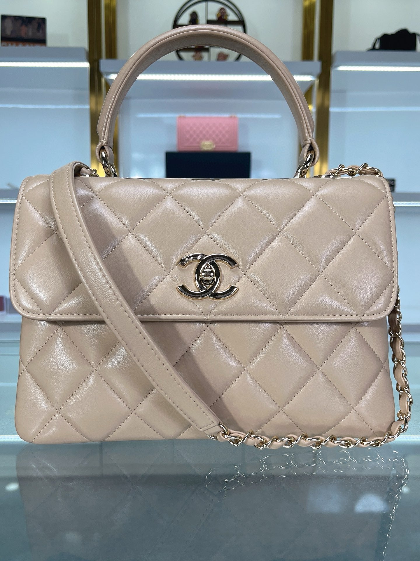 CC TRENDY 25CM BEIGE LAMBSKIN LIGHT GOLD HARDWARE