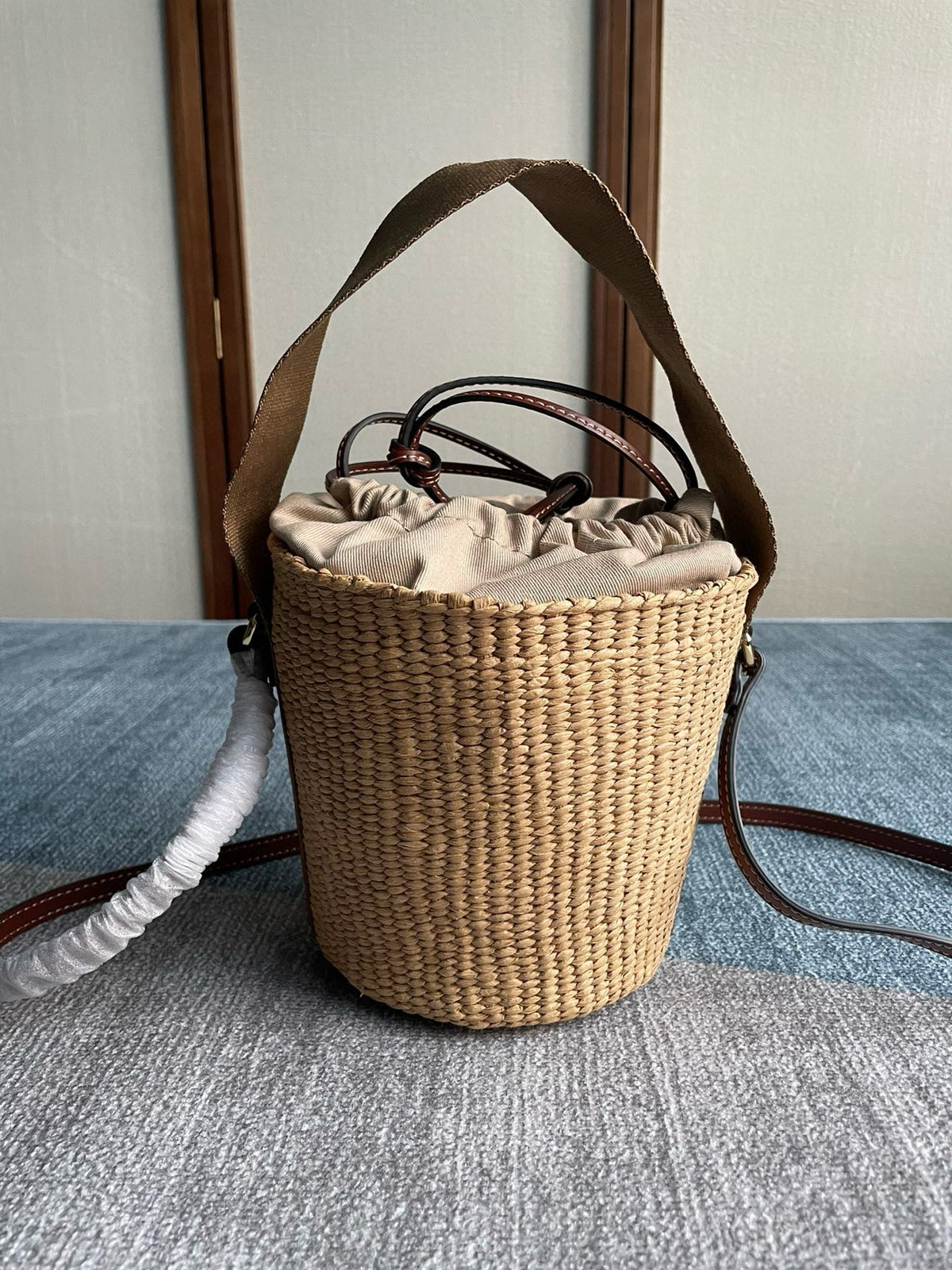 Chloe Small Woody Bucket Top Handle Bag 16cm Brown Linen And Calfskin