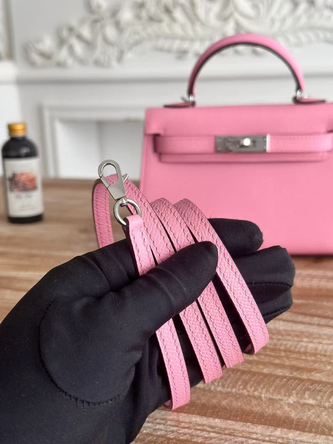 HM KELLY MINI 19 LIGHT PINK CALFSKIN SILVER HARDWARE