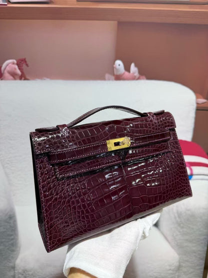 HM KELLY MINI 22 BORDEAUX RED AMERICAN ALLIGATOR GOLD BUCKLE
