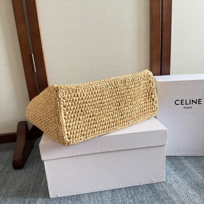 Celine Cabas Thais Handbag Beige mix Brown Plant Material And Cow Leather