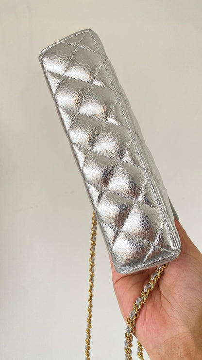Chanel 25 Box Bag Silver Metallic Leather
