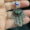 Hamsa Hand Silver Tone Earrings, Green Eye & Rhinestone Boho Jewelry