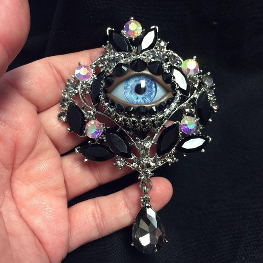 Stunning Ornate Style Eyeball Art Brooch with a Handmade Blue Glass Iris and Hand Placed Rhinestones!