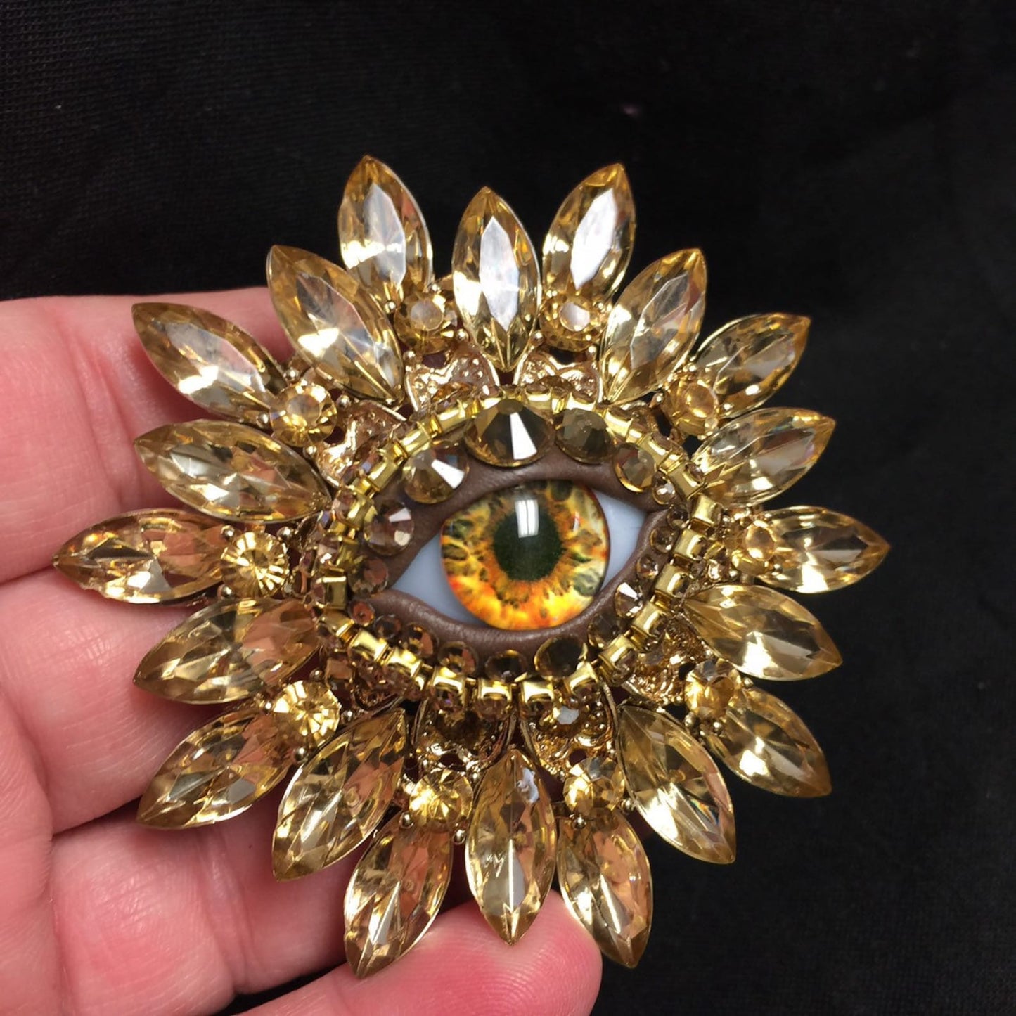 Vintage Style Sunburst Eyeball Brooch: Handmade Amber Glass Iris, Rhinestones