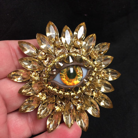 Vintage Style Sunburst Eyeball Brooch: Handmade Amber Glass Iris, Rhinestones