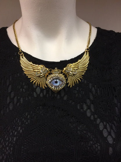 Winged Heart Eyeball Art Necklace, Antiqued Gold Tone, Handmade Glass Iris