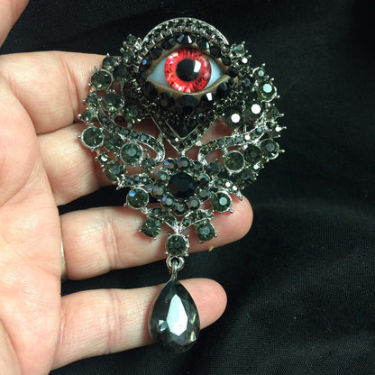 Gothic Eyeball Brooch: Handmade Red Glass Iris, Rhinestone Crystals