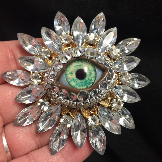 Vintage Style Sunburst Eyeball Brooch, Handmade Green Iris Rhinestone Pin