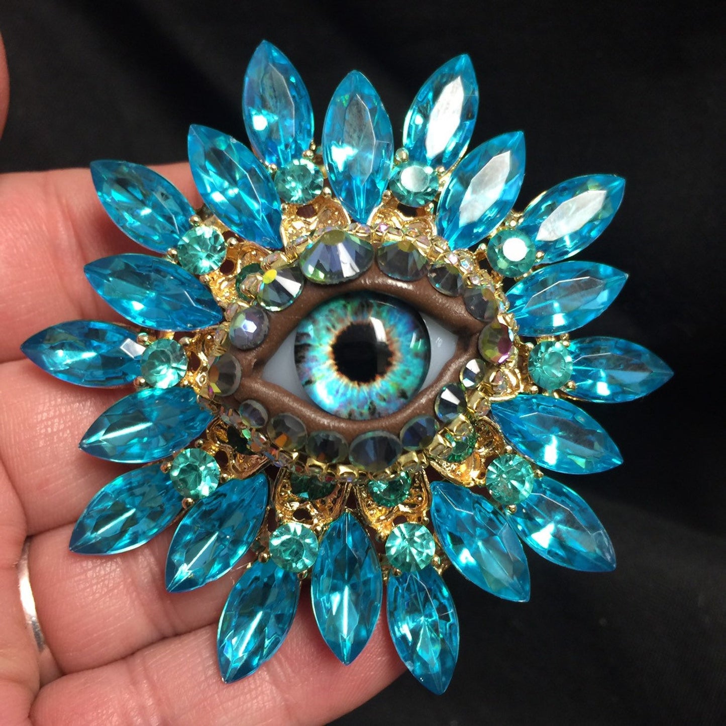 Vintage Style Blue Eyeball Brooch, Handmade Glass Iris, Rhinestone Sunburst