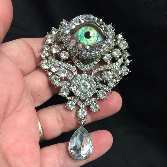 Vintage Ornate Eyeball Brooch, Green Glass Iris, Rhinestone Jewelry