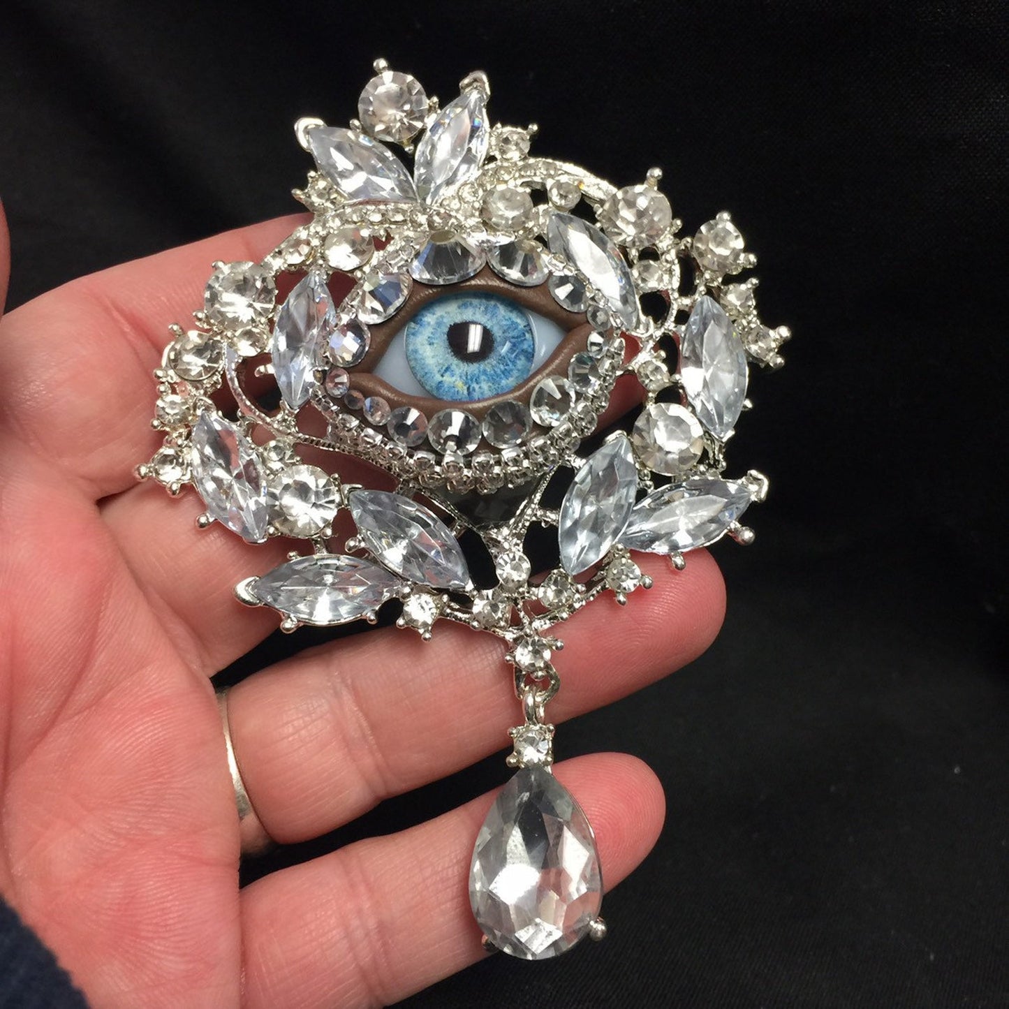 Vintage Ornate Crystal Eyeball Brooch, Handmade Blue Glass Iris