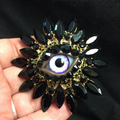 Vintage Style Sunburst Brooch: Jet Black Rhinestones, Violet Glass Iris