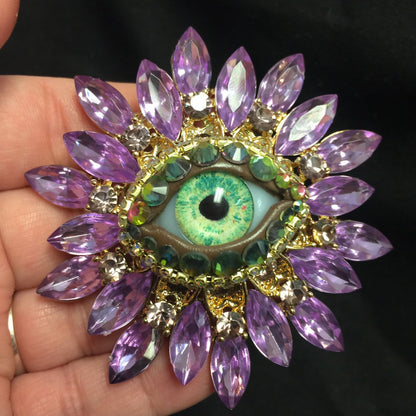 Vintage Style Sunburst Eyeball Brooch: Handmade Green Glass Iris, Rhinestones