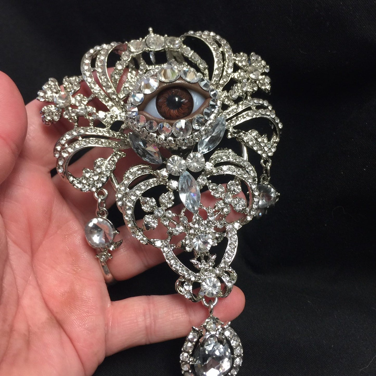Huge Epic Crystal Eyeball Art Brooch with a Deep Brown Eye and Hand Placed Rhinestones!
