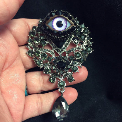 Gothic Eyeball Brooch, Vintage Ornate Rhinestone Pin
