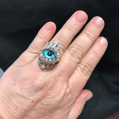 Vintage Style Eyeball Ring, Silver Tone, Aqua Iris, Rhinestones (Size 6)