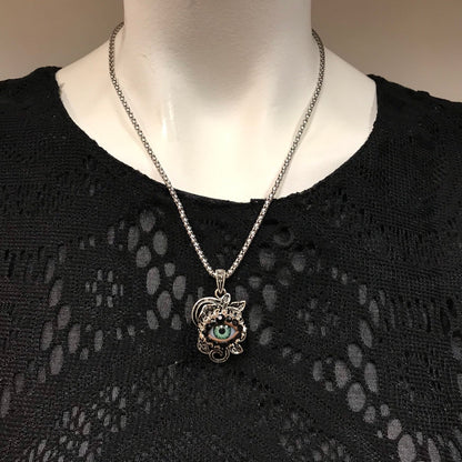 Antiqued Silver Tone Rose Eyeball Art Necklace, Green Eye Rhinestone Pendant