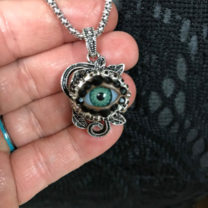Antiqued Silver Tone Rose Eyeball Art Necklace, Green Eye Rhinestone Pendant